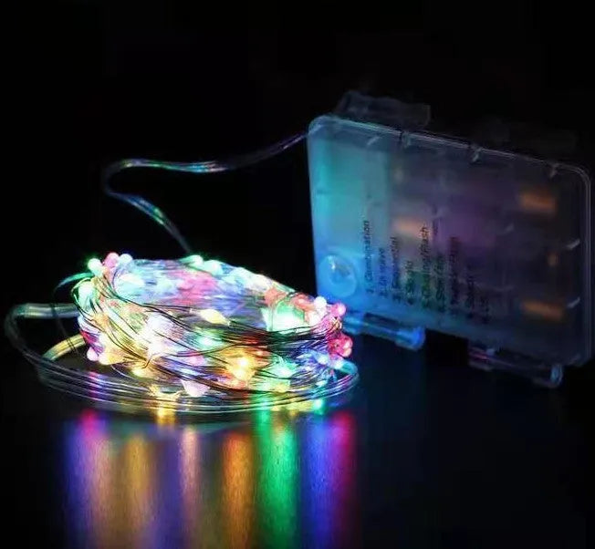 12 metre copper wire string light with battery box and 120 LED bulbs in multiple colour options