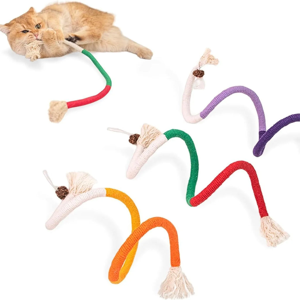 Bite-resistant cat teaser toy with a long cotton string and a catnip stuffy attached, showing purple, orange, and green colour options.