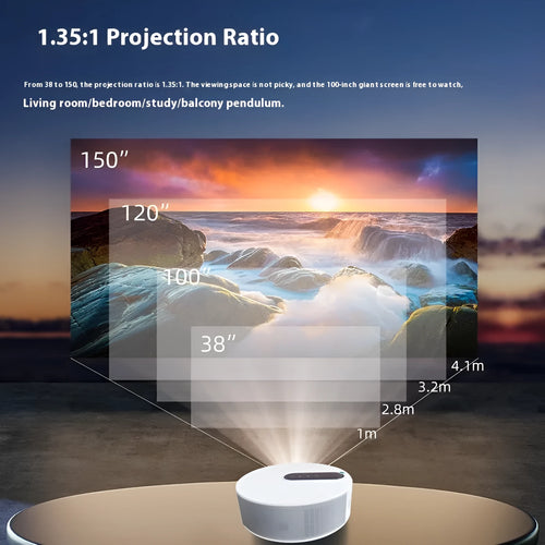 White 720p HD smart home projector with remote control on a wooden surface.