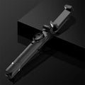 Bluetooth handheld selfie stick in black with extended arm and smartphone holder, remote control support