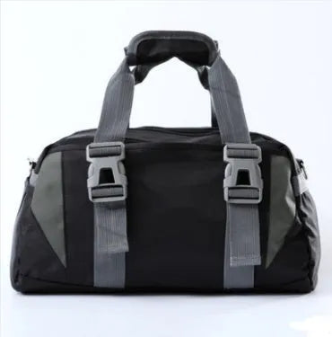 Nylon gym and yoga bag shown in black, available in medium and large sizes.