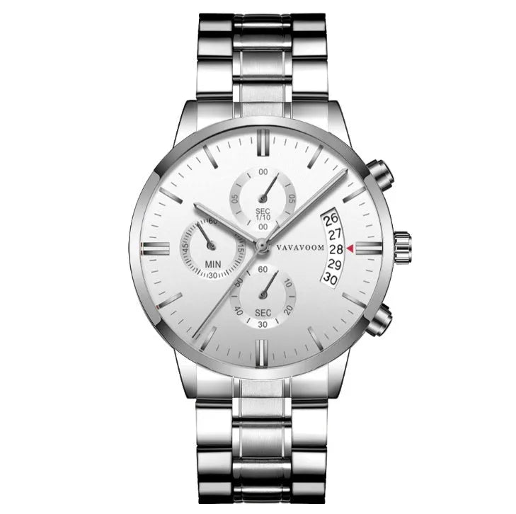 Men's stainless steel quartz watch with 43mm round dial and butterfly buckle in black and silver