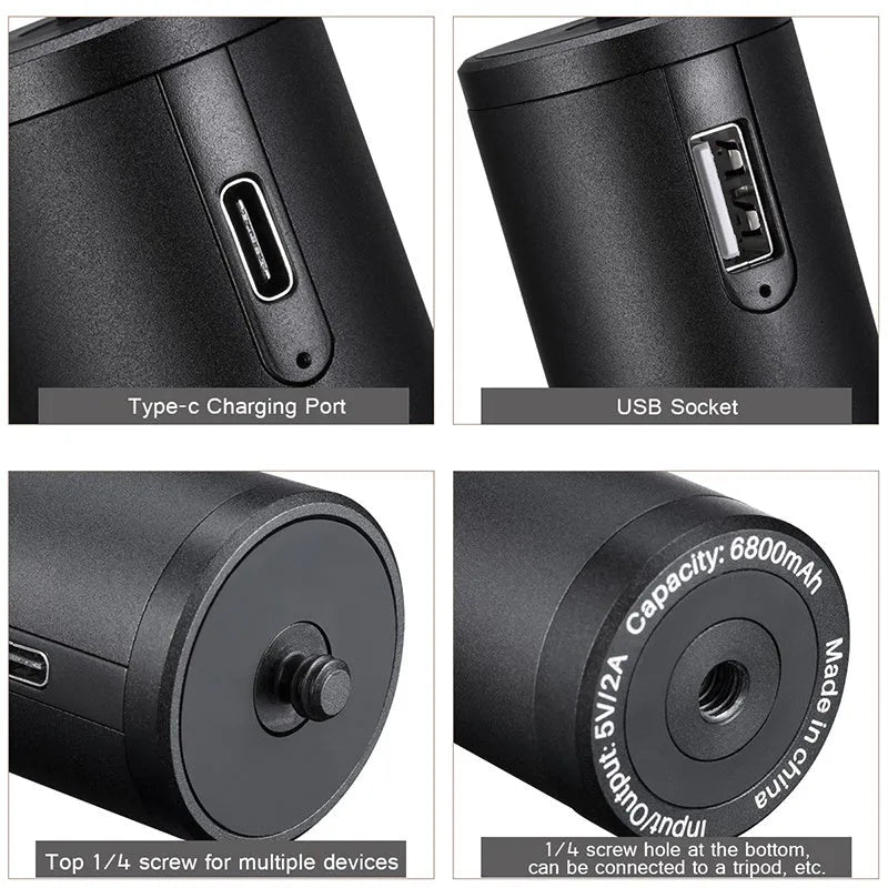 Black aluminium alloy portable power bank with handle, showing compact size next to a mobile phone for scale.