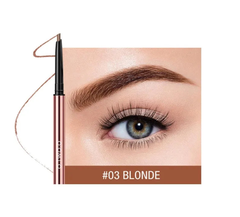 Slender eyebrow make-up pencil in a colour box, shown in six colour options including blonde and auburn.