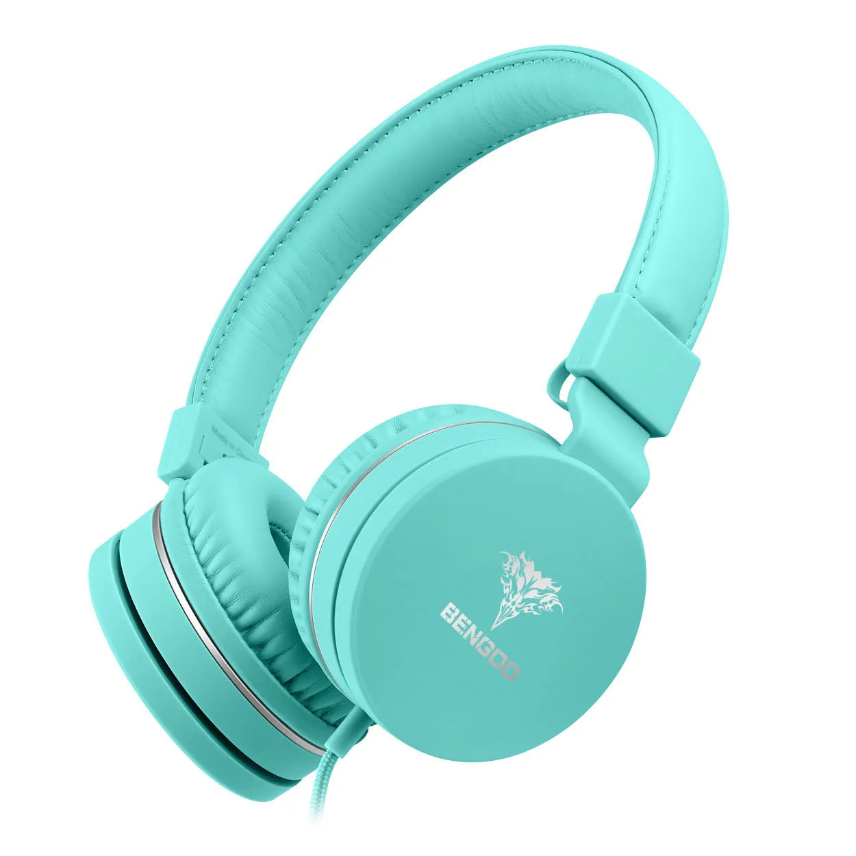 Bengoo C30 wired headset with microphone in blue green colour showing 3.5mm plug and protein ear cushions