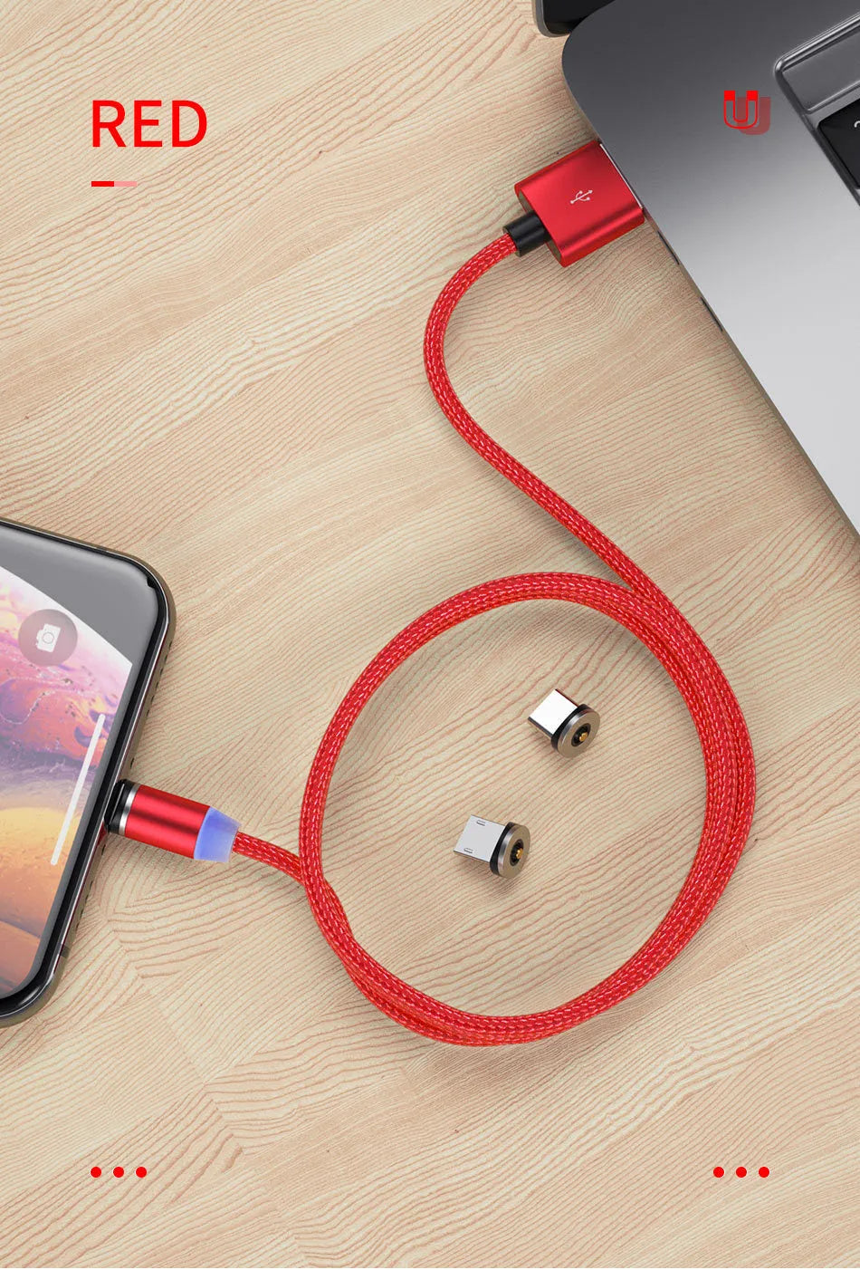 Black magnetic USB cable with interchangeable charging tips showing LED indicator light