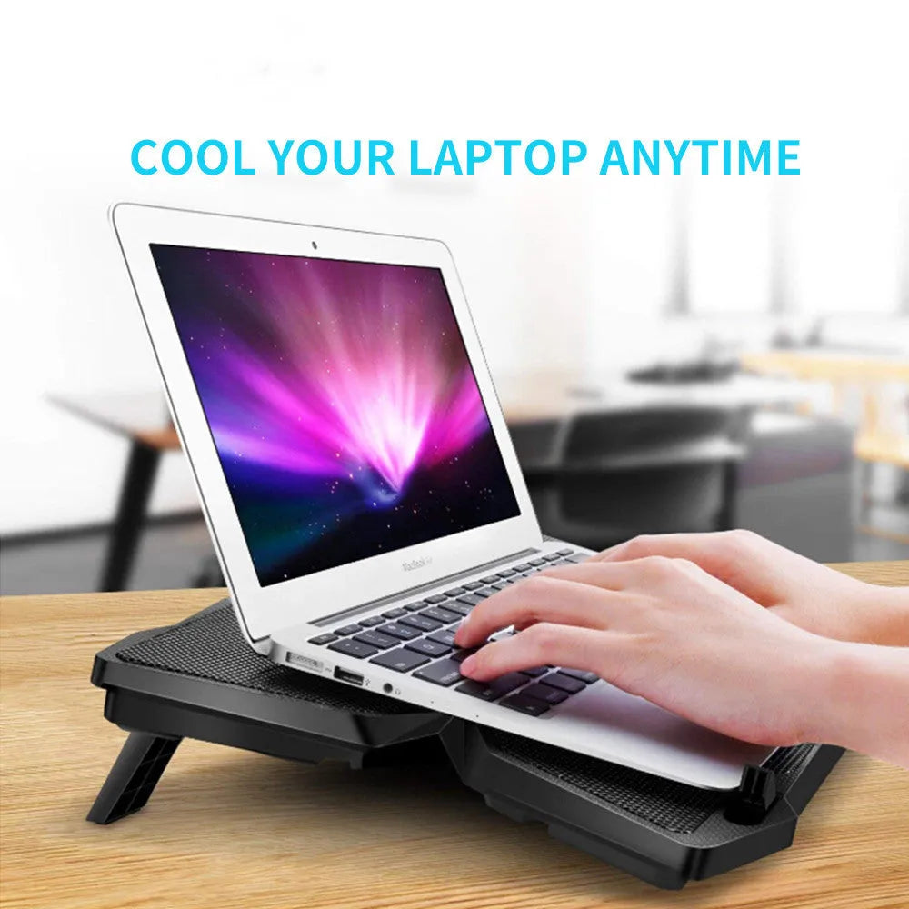 Blue laptop cooling base with four LED fans and two USB ports for computer heat dissipation