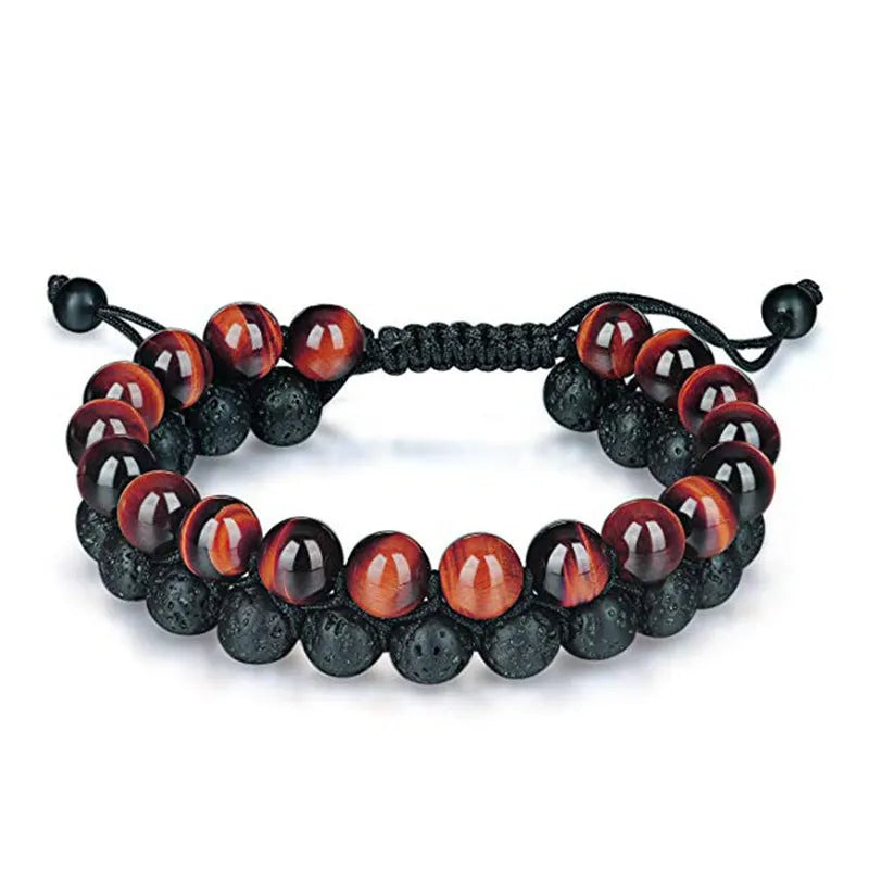 Geometric matte black agate couple bracelets with tiger eye beads, shown as a matching set.