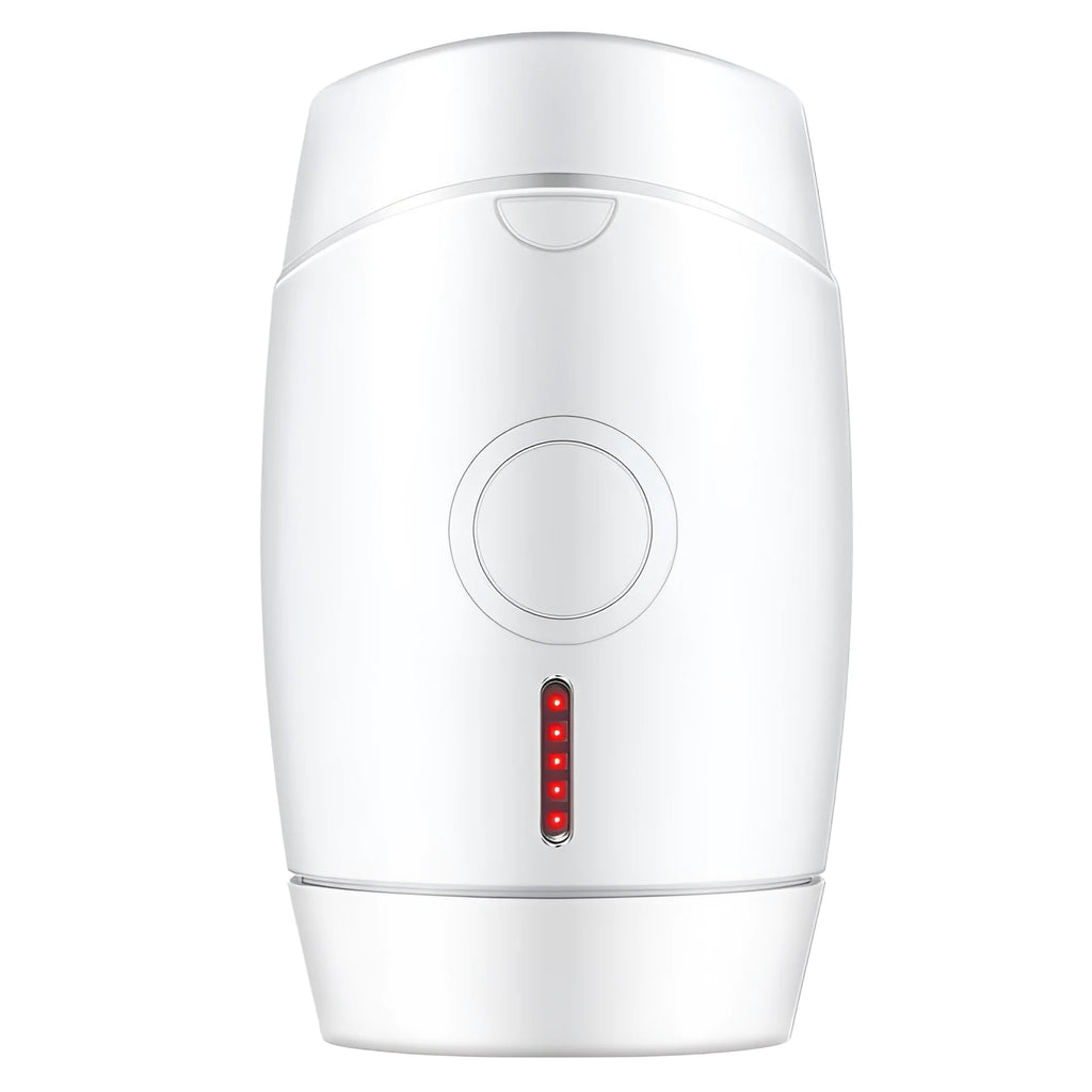 White home laser hair removal device with display, shown with its power adapter and international plug heads.