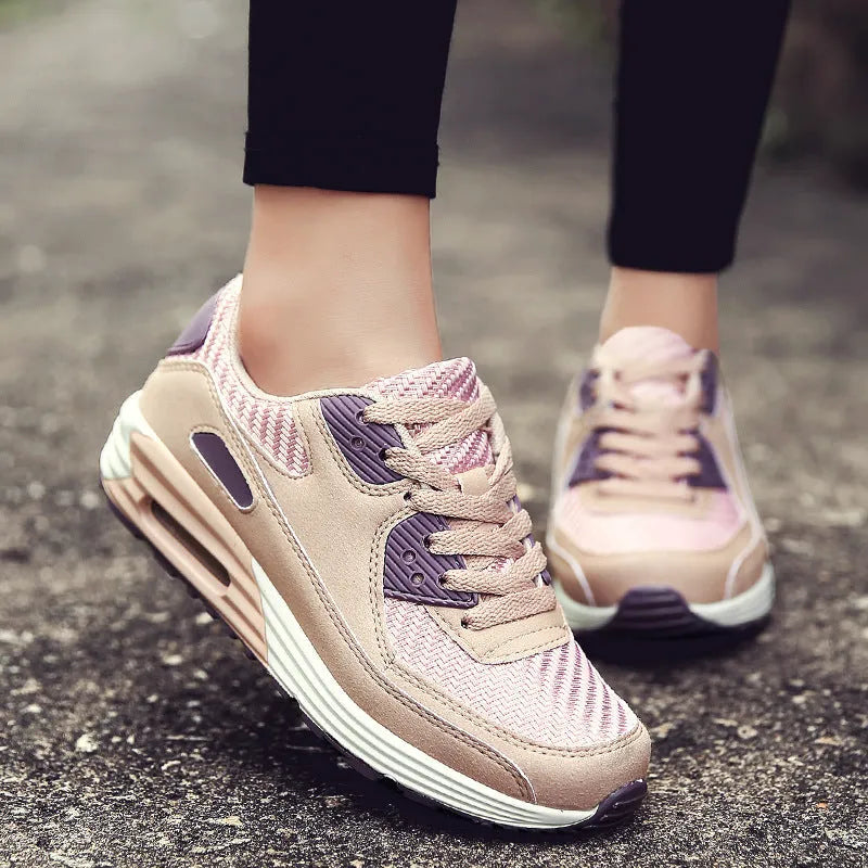 Women's casual low-heel shoes in beige orange, grey, and pink purple, showing a sizing chart.