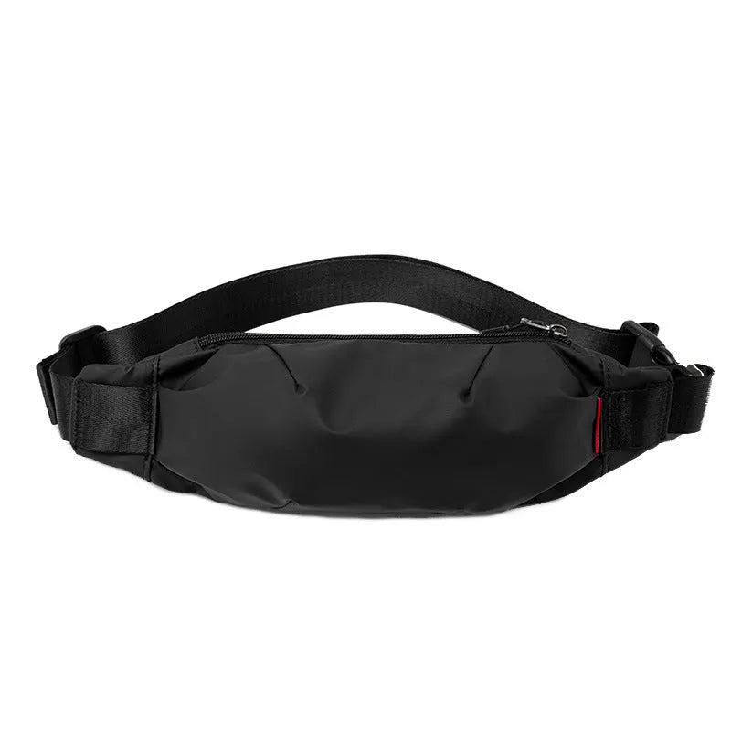 Black Oxford cloth crossbody waist pack with zippered opening showing interior organisation pockets