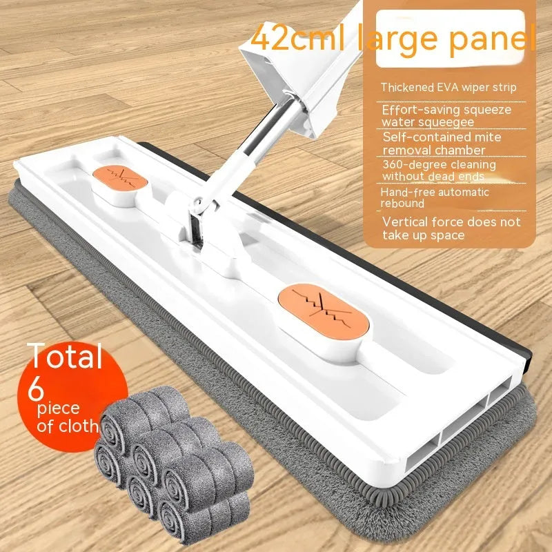 Large flat mop with stainless steel handle and blue cleaning cloths showing 360-degree rotating head