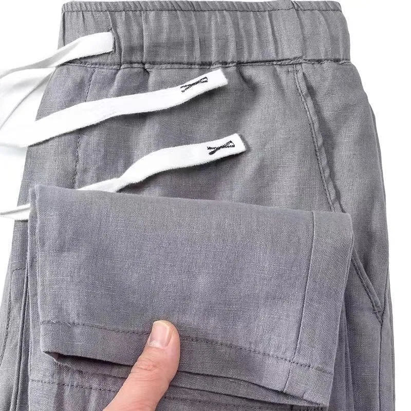 Pure linen blend Chinese style straight leg trousers with elastic drawstring waist in neutral colours