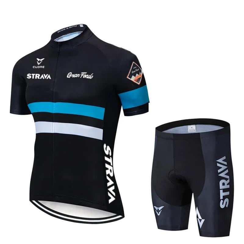 Summer mens cycling jersey and bib shorts set in short suit colour, polyester lycra fabric, side view on bike