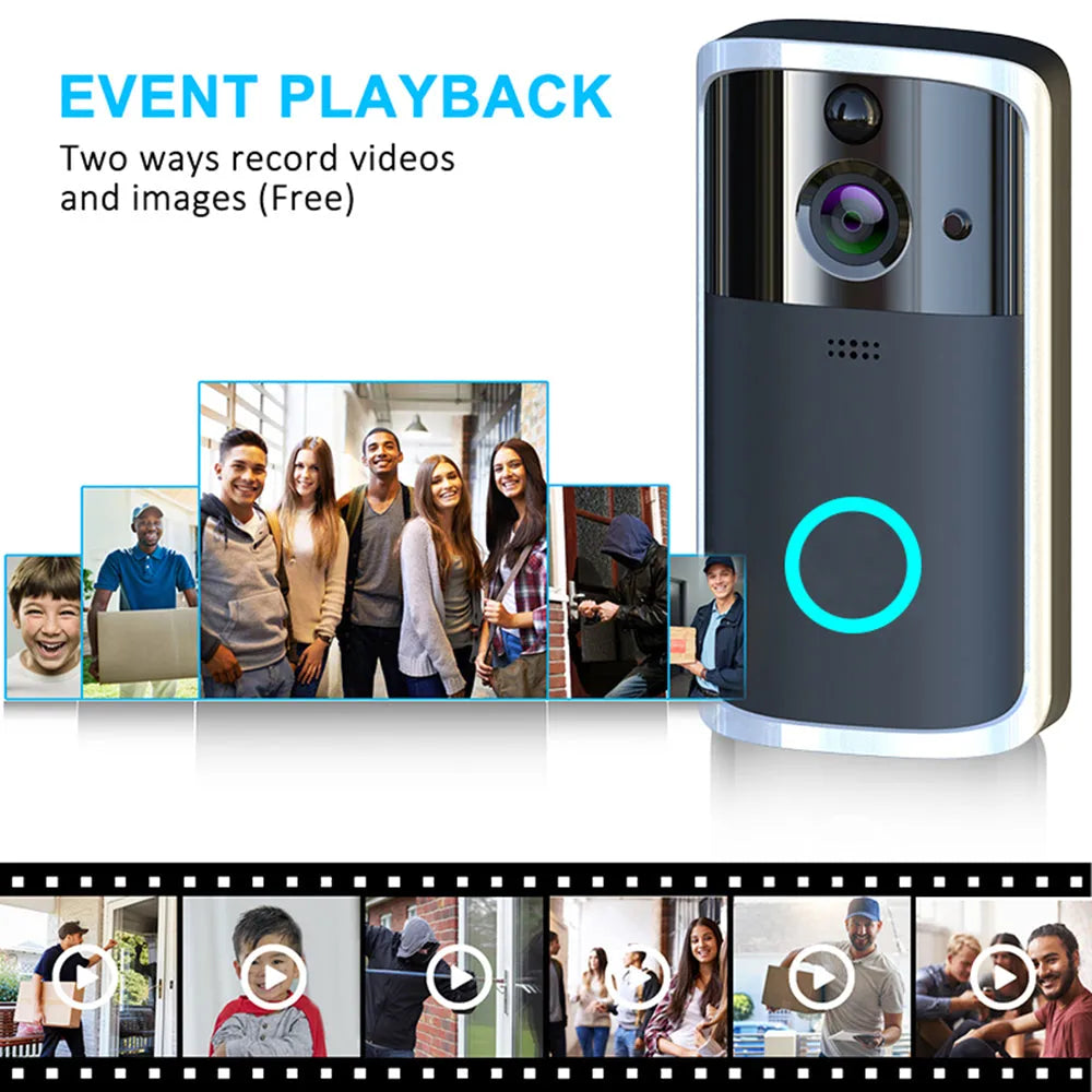 WiFi video doorbell camera in black, 7.5cm by 3.3cm by 14.4cm, with infrared night vision, two-way voice intercom
