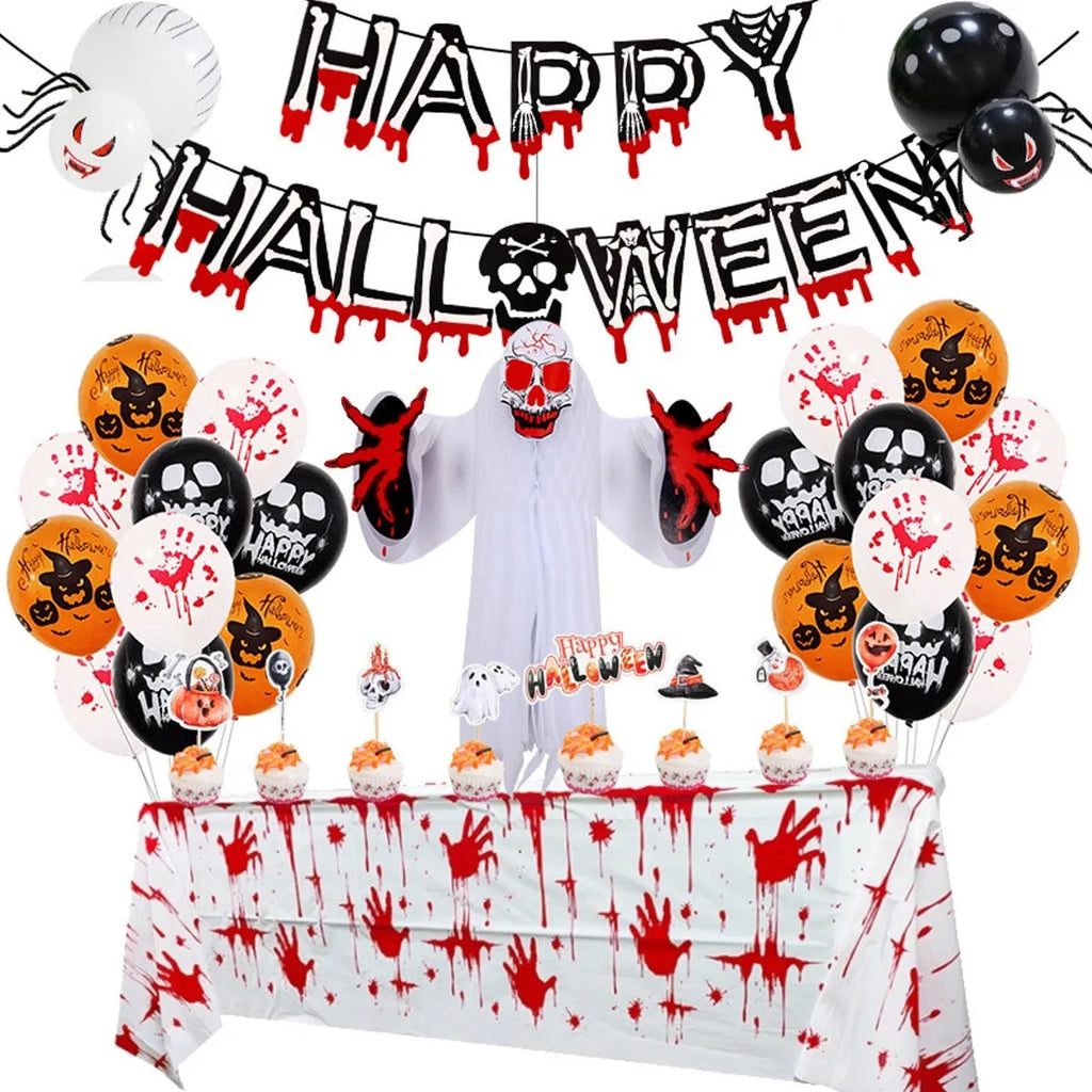 Halloween balloon decoration set with skull and pumpkin designs for spider arch display