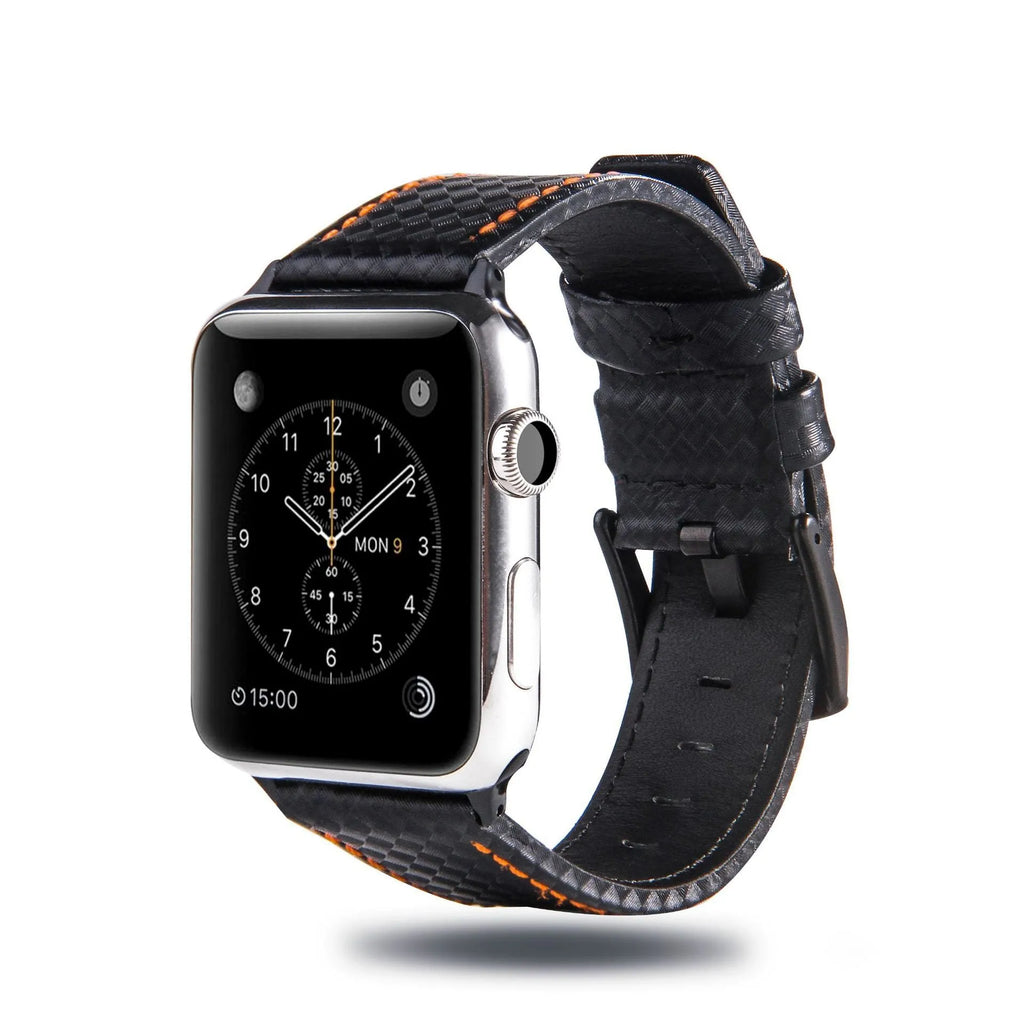 Compatible carbon fibre and leather Apple Watch strap with PC hard case in red, black, orange, and blue colour options.