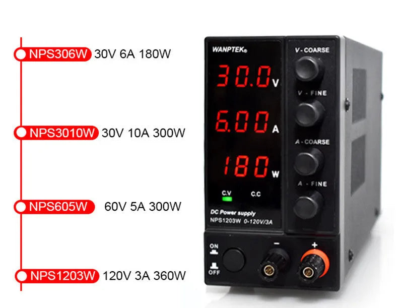 White adjustable DC power supply unit for mobile phone and notebook repair with voltage and current controls