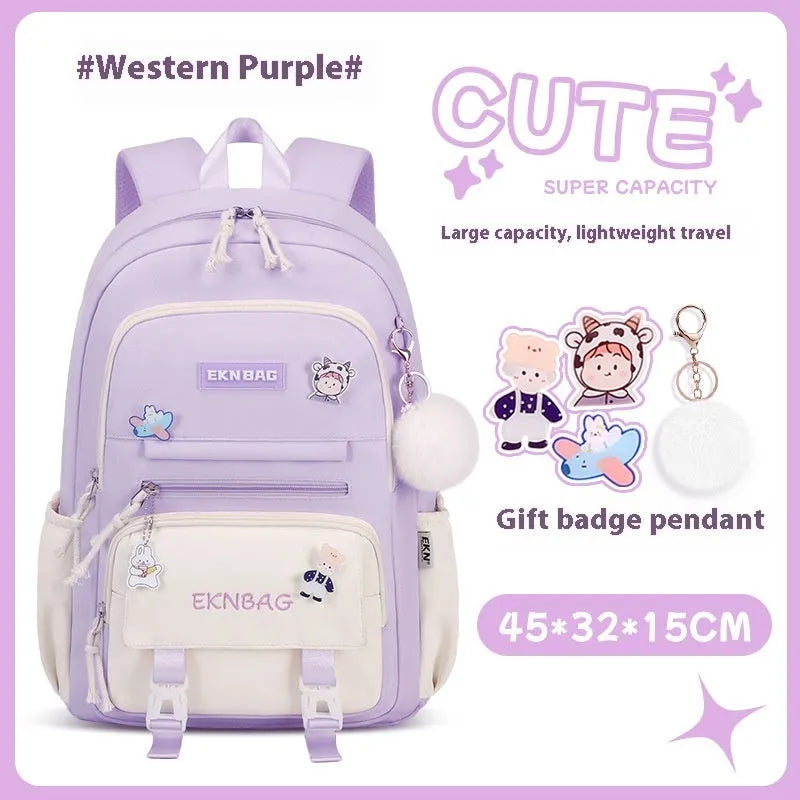 Pink waterproof Oxford cloth school backpack for girls with curved shoulder straps on a white background.