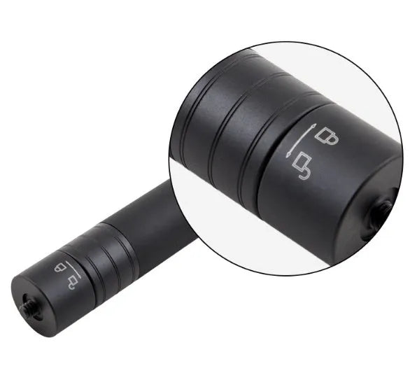 Black aluminium retractable selfie stick with stabilizer, shown extended and with built-in tripod stand.