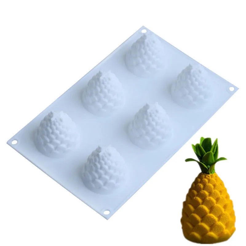 Silicone baking mould with six cavities shaped like pineapples and pine cones for making Italian mousse desserts