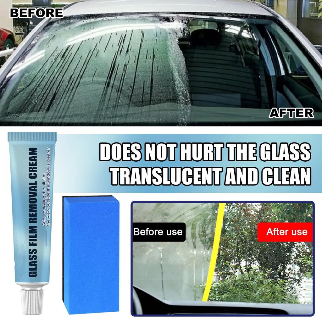 Blue car glass oil film remover and sponge brush on a white background.