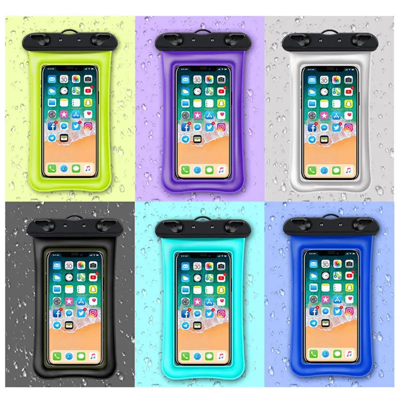 Orange waterproof phone pouch with black neck rope on a blue background.