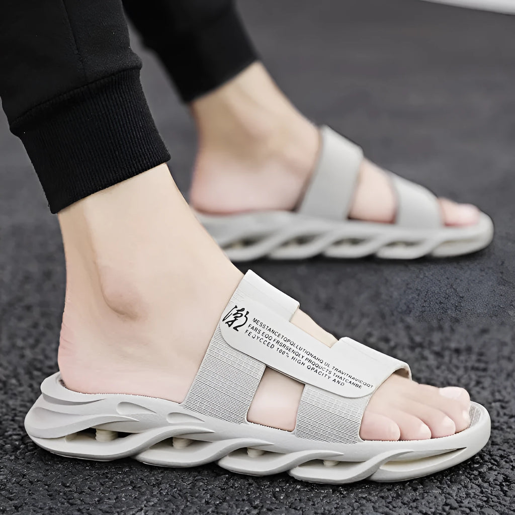 Men's casual outdoor flip-flops with plastic upper and EVA sole in black, beige, gray, and black gold