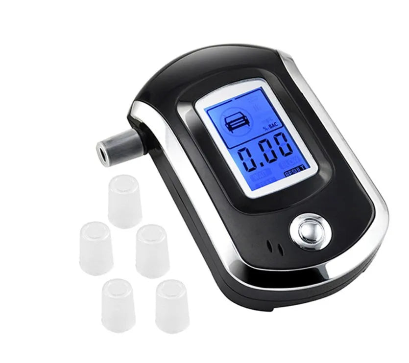 Black portable breath alcohol tester with digital screen and mouthpiece, slim design for pocket.