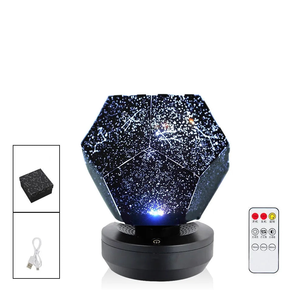 LED starry sky projector night light showing constellation projection on a bedroom ceiling.