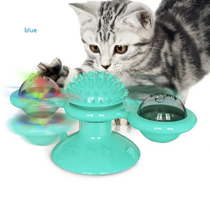 Cat rotating windmill toy with suction base and two transparent bins on blades