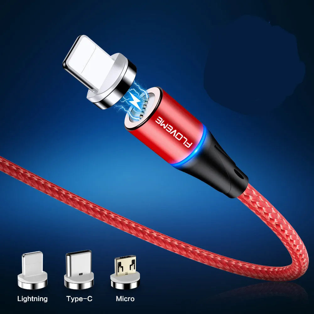 Black magnetic USB charging cable with illuminated side light on connector, next to smartphone.