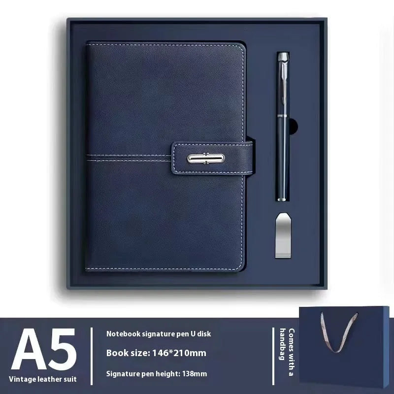 Custom A5 notebook with imitation leather cover in Business Black showing wood-free paper interior pages