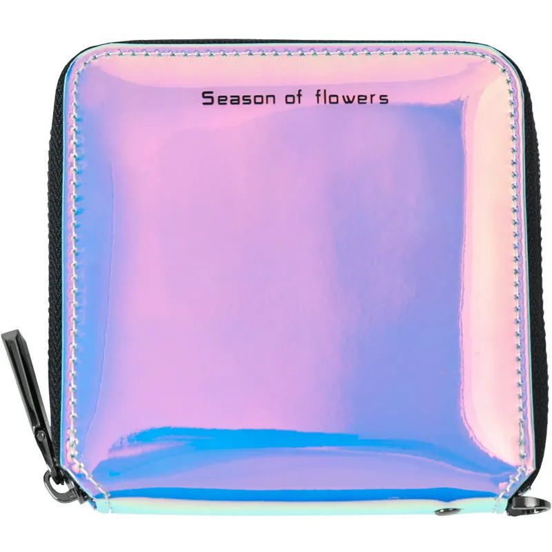 Short Korean style PU leather women's folding wallet in glitter, blue or green, showing compact 11cm size.
