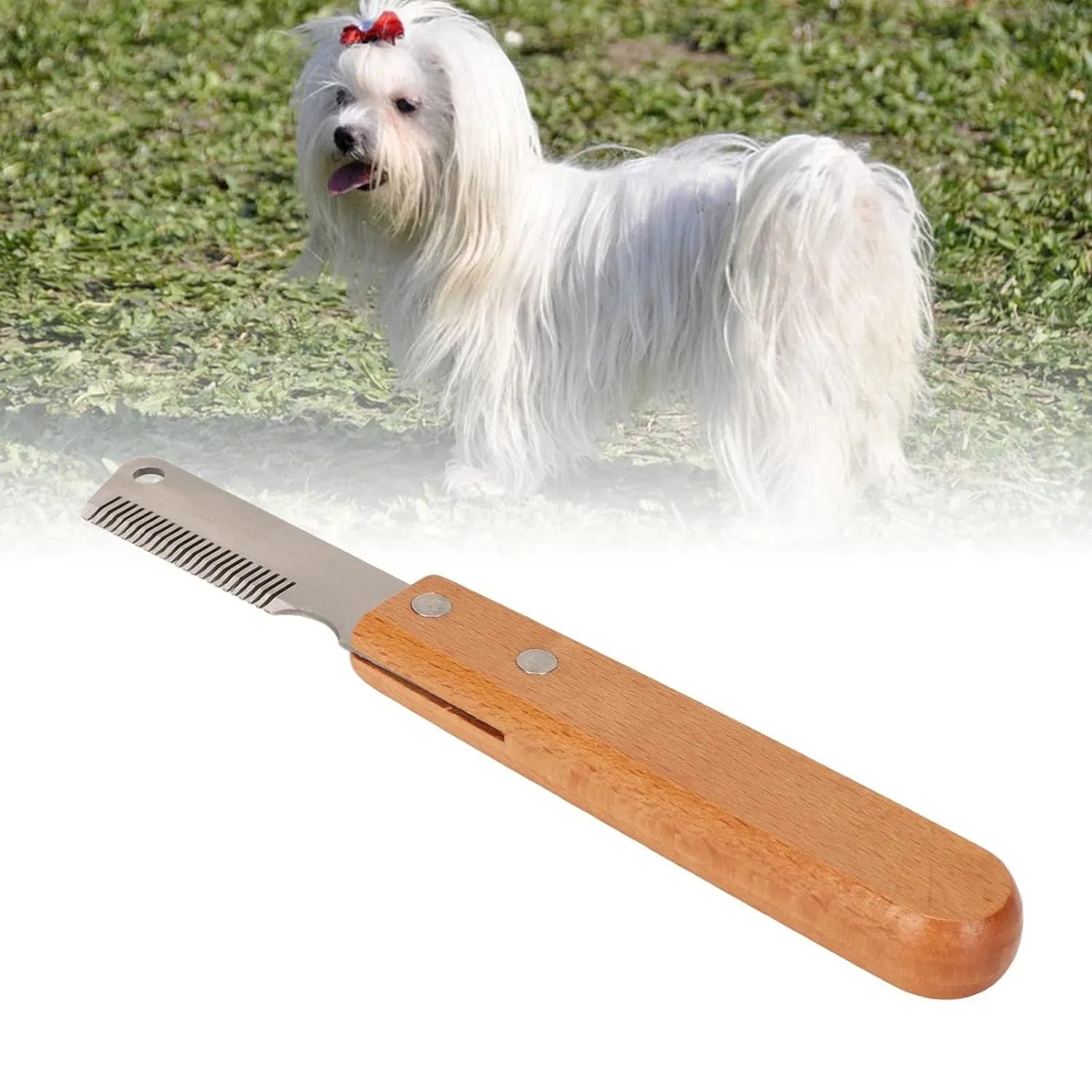 Pet stripping comb with wood handle showing long and short size options for dog and cat grooming
