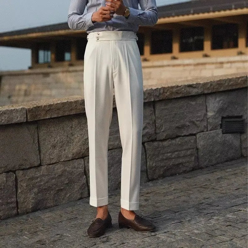 Men's slim fit suit trousers in chemical fibre blend with straight leg business formal styling