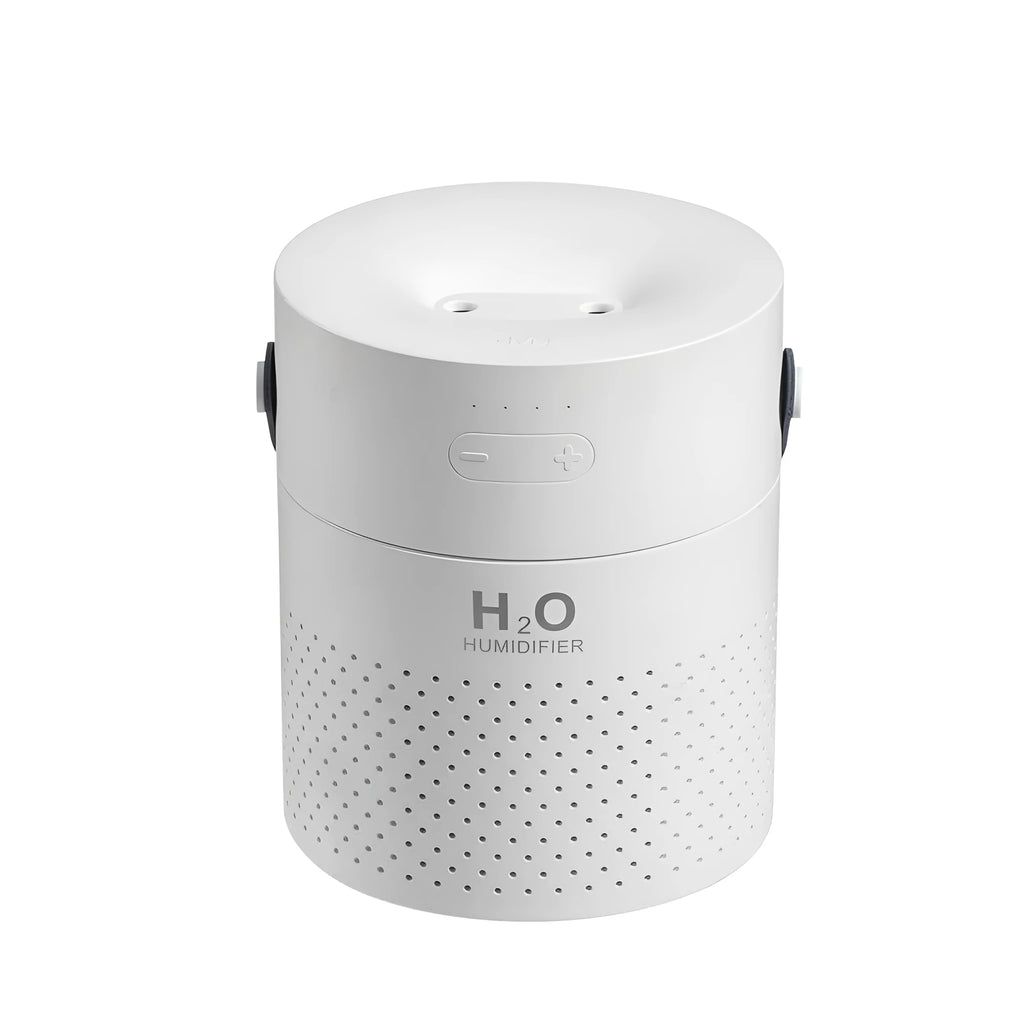 Slim USB rechargeable humidifier with water tank and colour options on a bedside table.