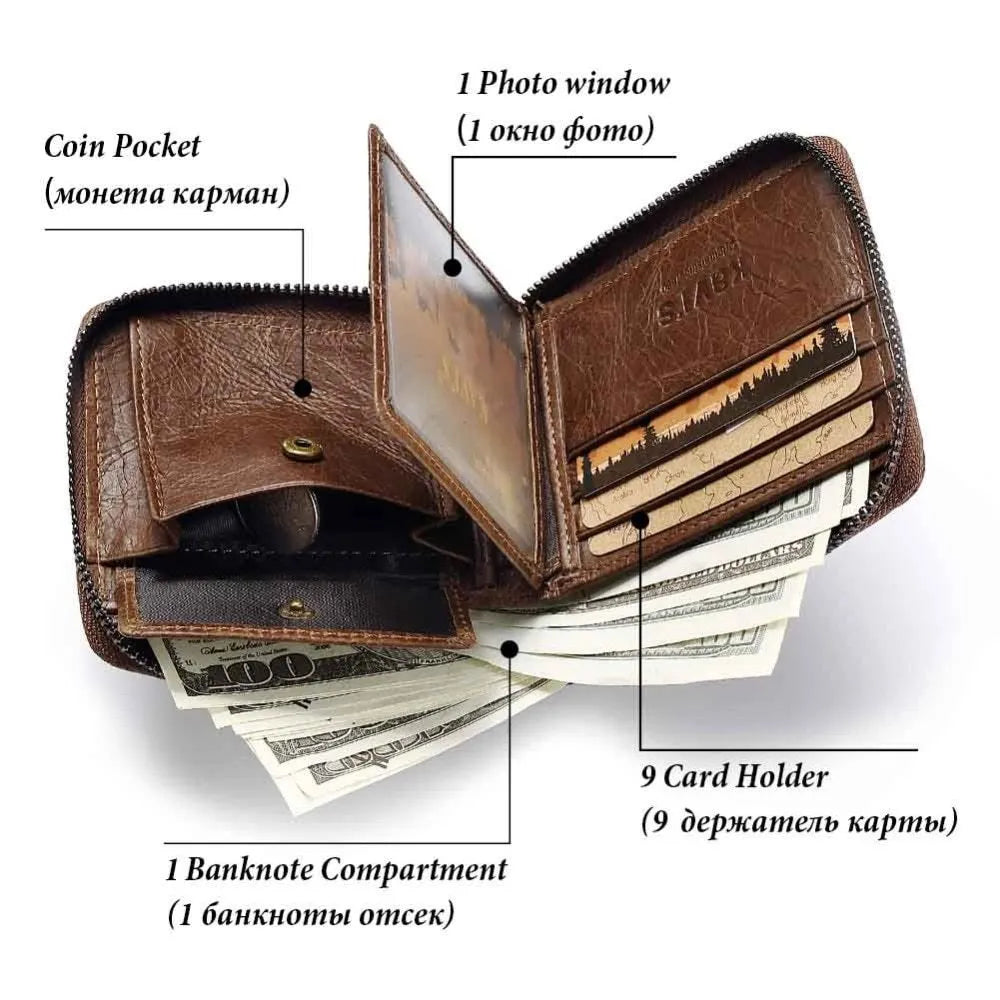 Men's soft genuine leather wallet in coffee colour with zipper closure showing multiple internal compartments