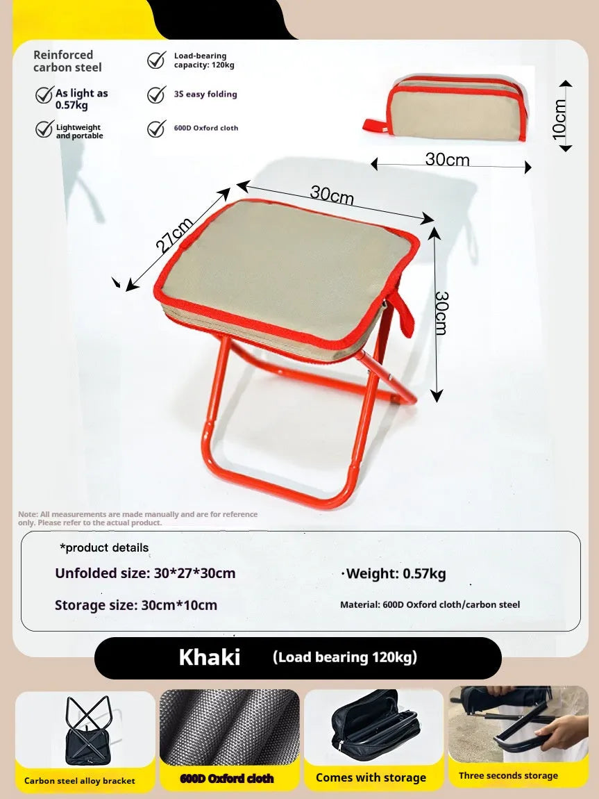 Foldable outdoor camp stool in oxford cloth shown in a khaki colour, folded compactly.