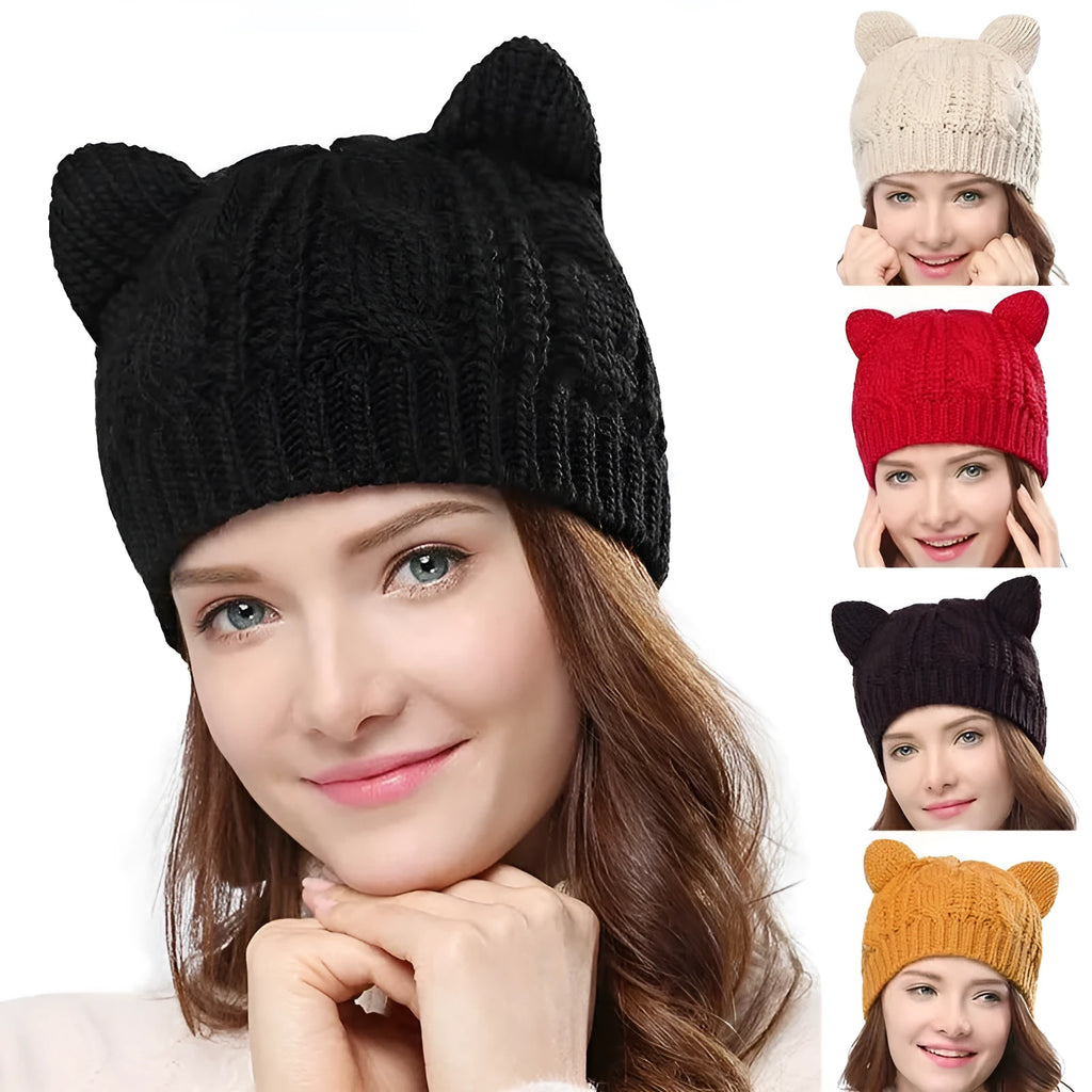 Hand-knitted wool beanie with 3D cat ears in multiple colour options