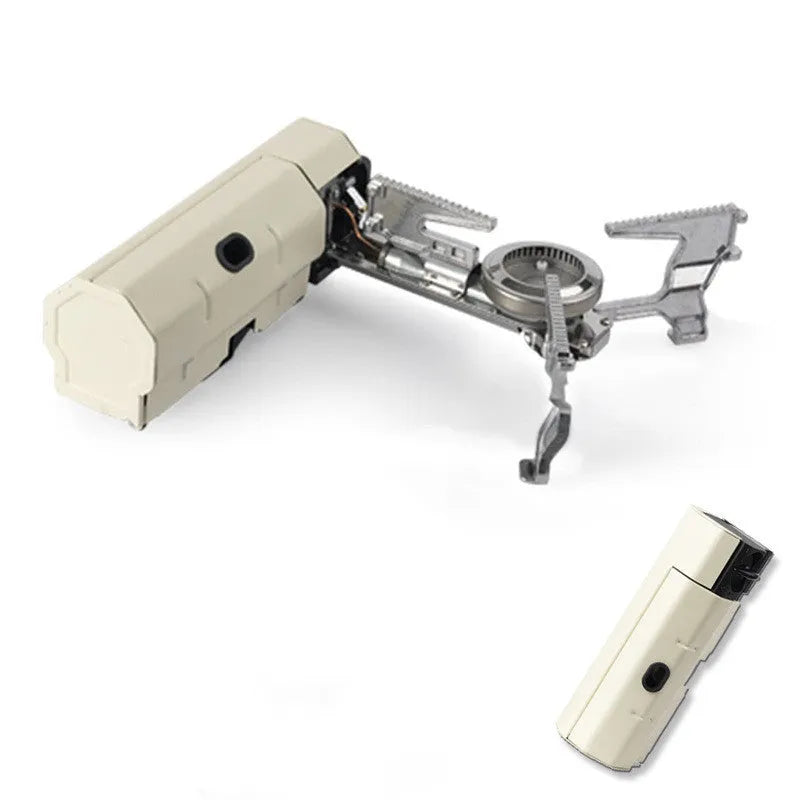 Green folding camping gas stove with adjustable valve and anti-slip feet for outdoor cooking