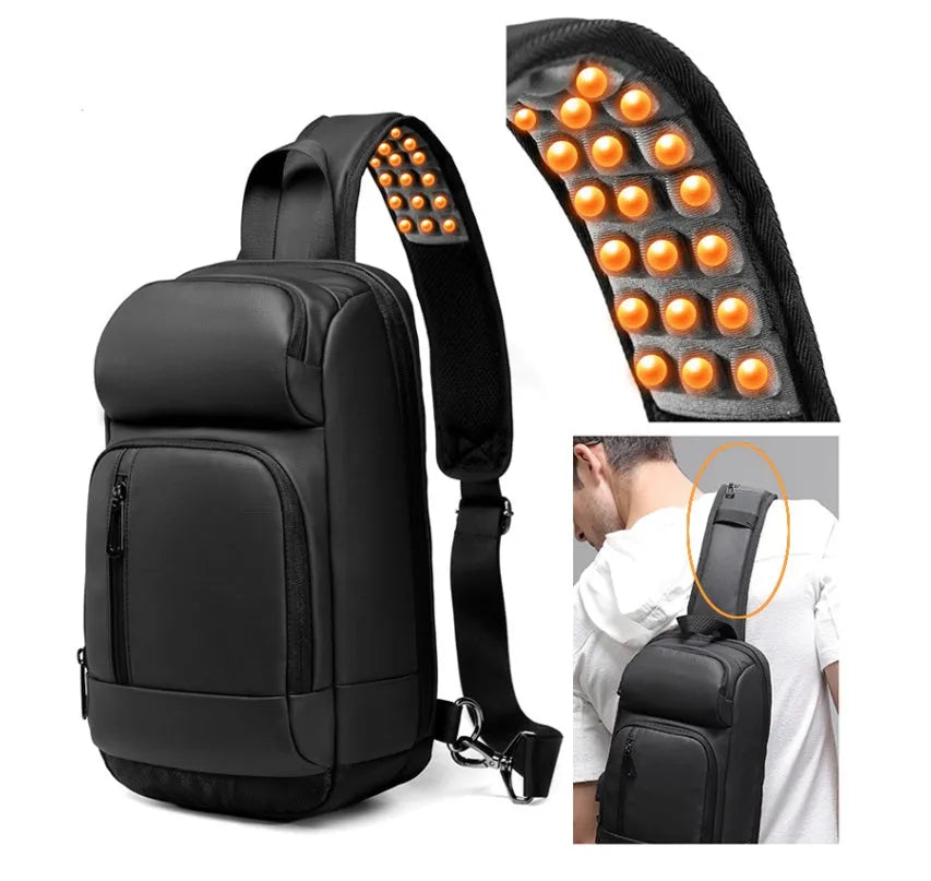 Black PVC medium shoulder bag with multiple internal compartments and adjustable strap