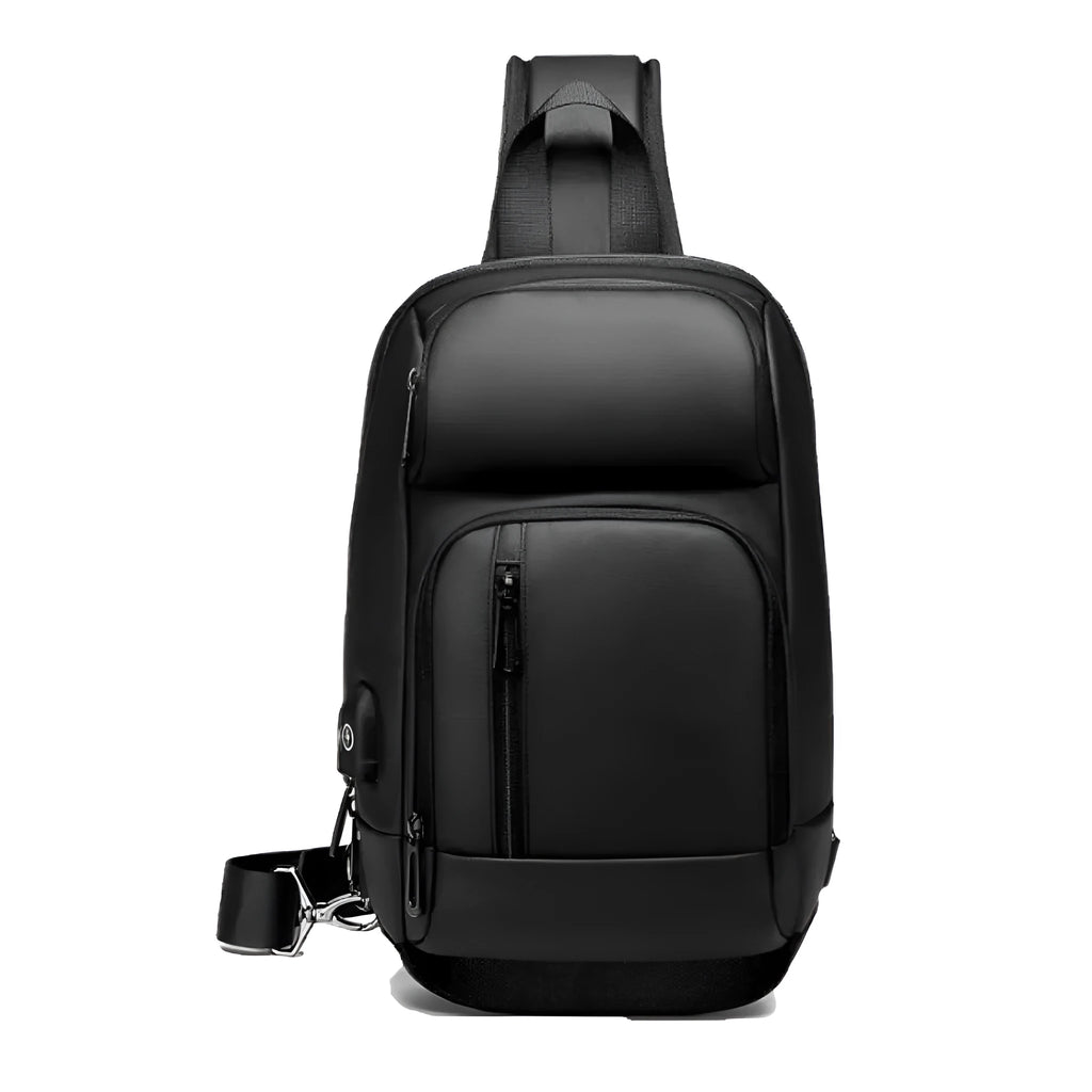 Black PVC medium shoulder bag with multiple internal compartments and adjustable strap