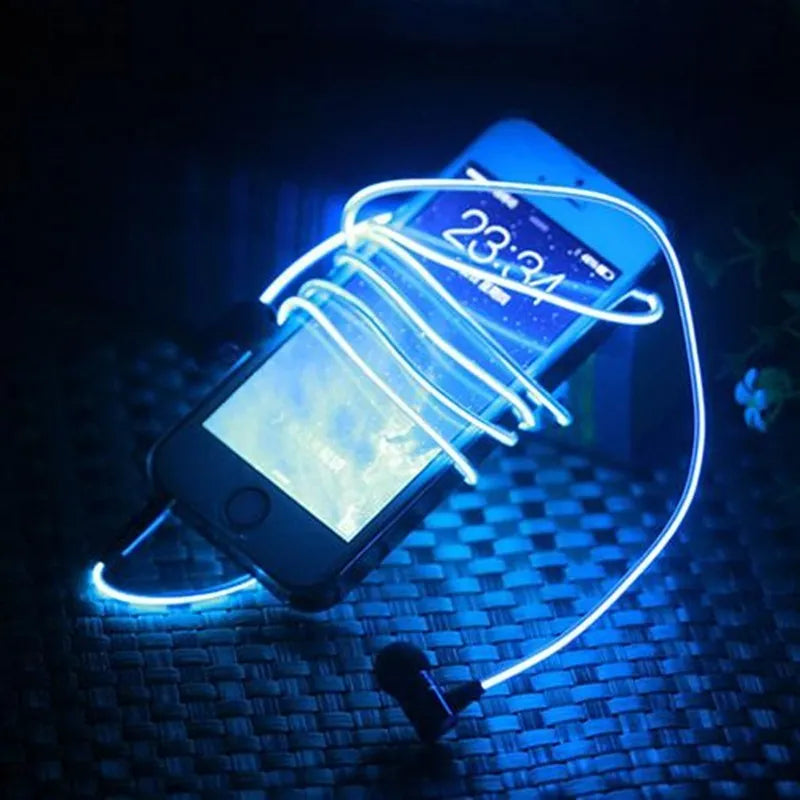 Blue LED light-up earphones with aluminium alloy shells and remote control microphone on cable