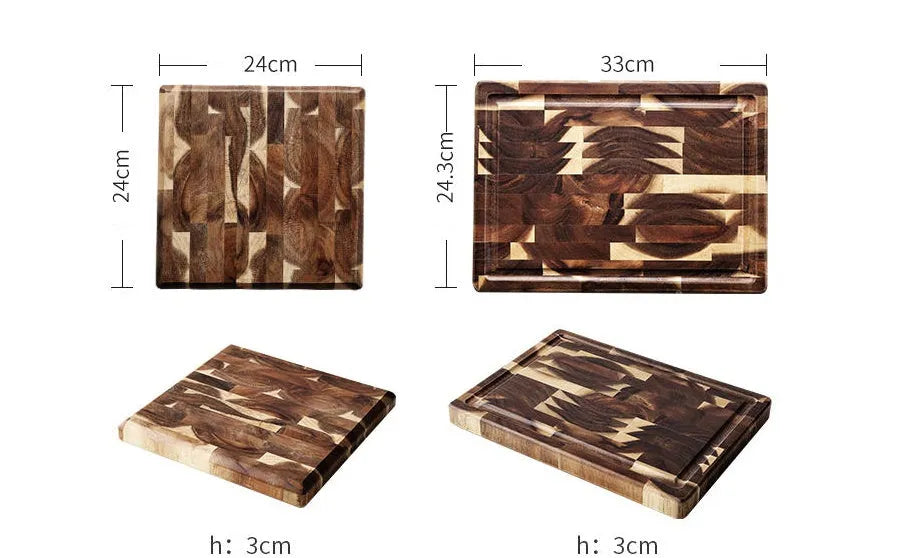Brown solid acacia wood chopping board with 3cm thickness on a kitchen counter.