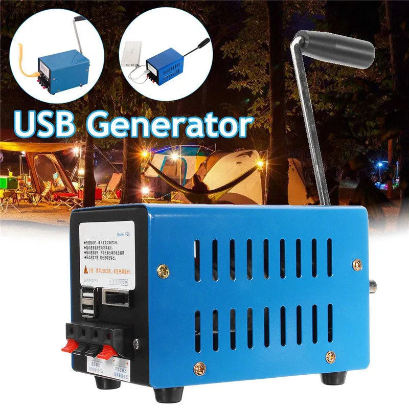 Blue metal hand crank USB power generator showing crank handle and output ports