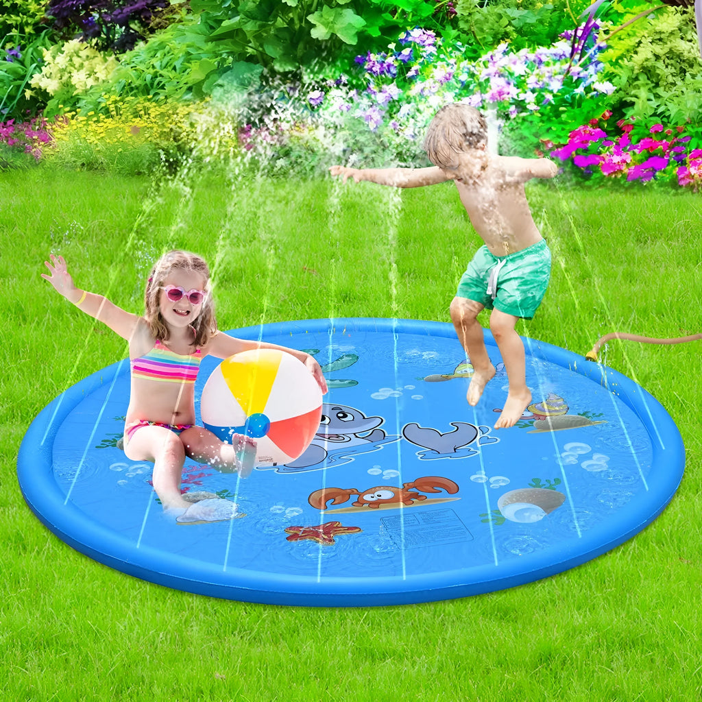 Blue PVC children's water spray play mat with marine animal print, shown on grass.