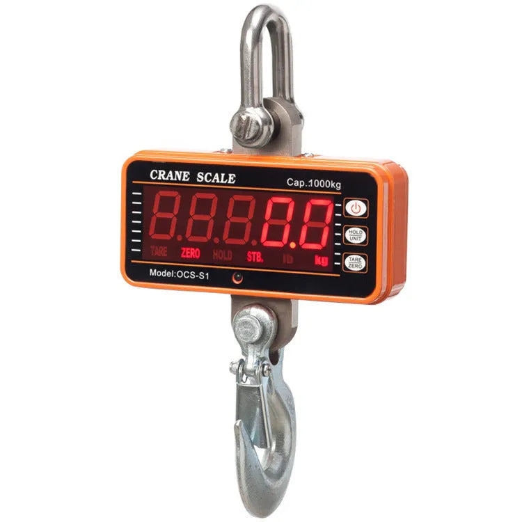 Orange electronic crane scale with digital display and hook for 500kg industrial weighing