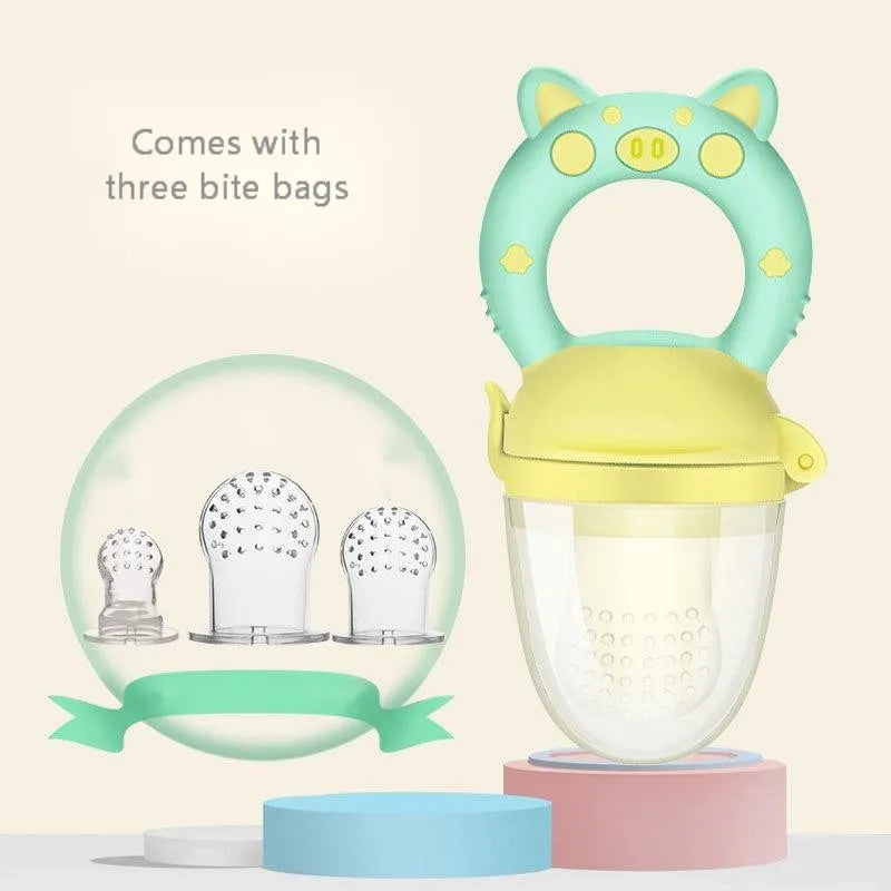 Silicone baby teether in blue, green or pink colour with single or triple mouthpiece options