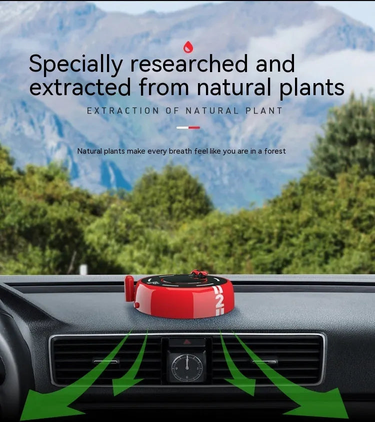 Round black solar-powered car perfume diffuser with USB port on a car dashboard.